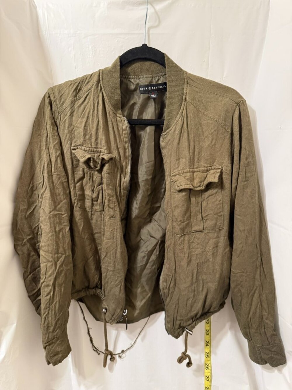 Rock & Republic Womens Olive Green Utility Bomber Jacket Full Zip Size Large L